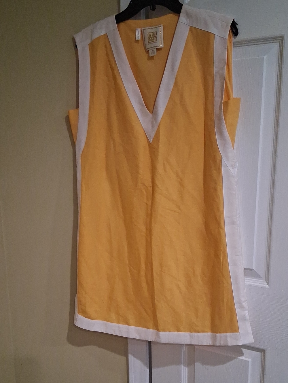 Emily Mccarthy Yellow Sleeveless V-Neck Shift Top with White Trim